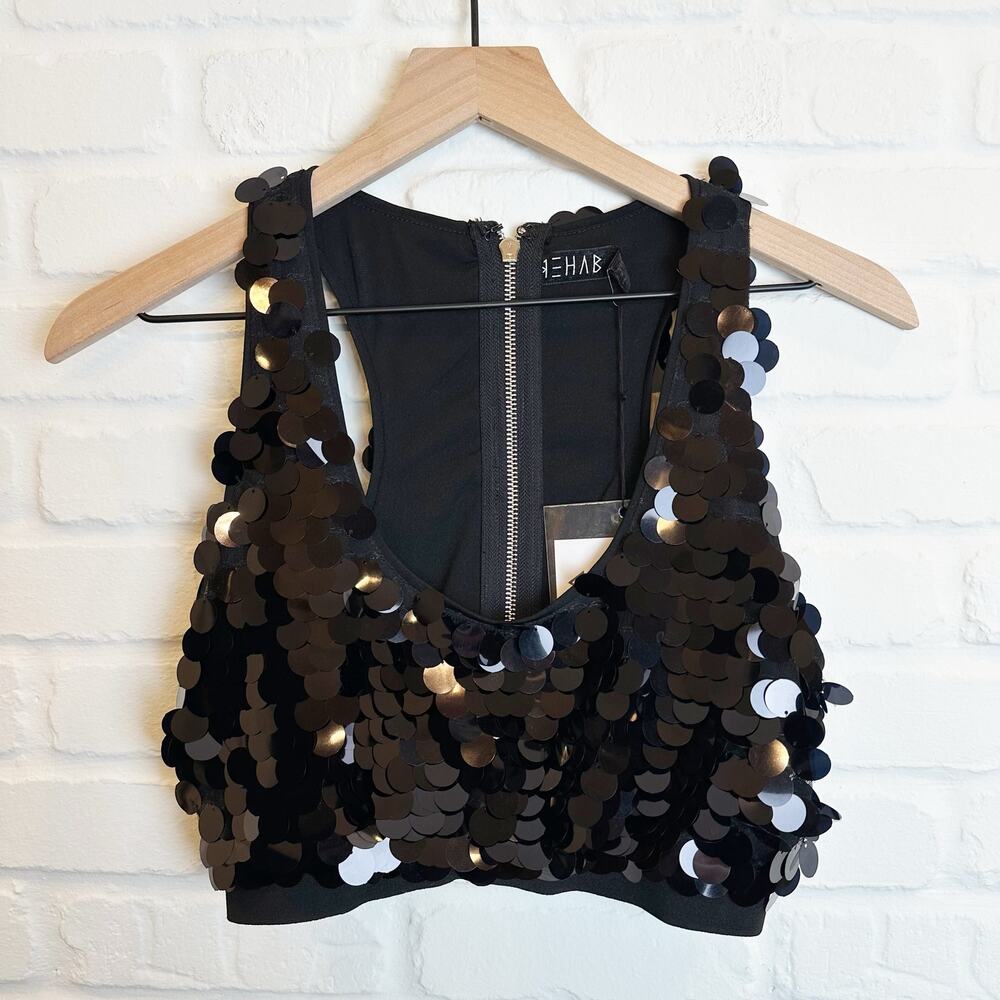 ReHab Black Paillette Sequin Crop Top Tank  Back Zipper Size S